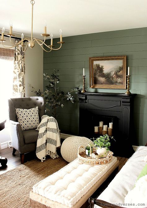 Farmhouse With Green Accents, Green And White Walls Living Rooms, Green Room Black Trim, Green Focus Wall Living Rooms, Moss Green Living Room Walls, Green Wall Black Fireplace, Green Wall With Fireplace, Green Walls Black Fireplace, Two Tone Green Room