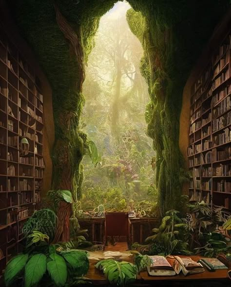 Library In Forest, Fantasy Library Concept Art, Magical Library Fantasy Art, Overgrown Library, Woodland Library, Library Forest, Forest Library, Fantasy Library, Magical Library