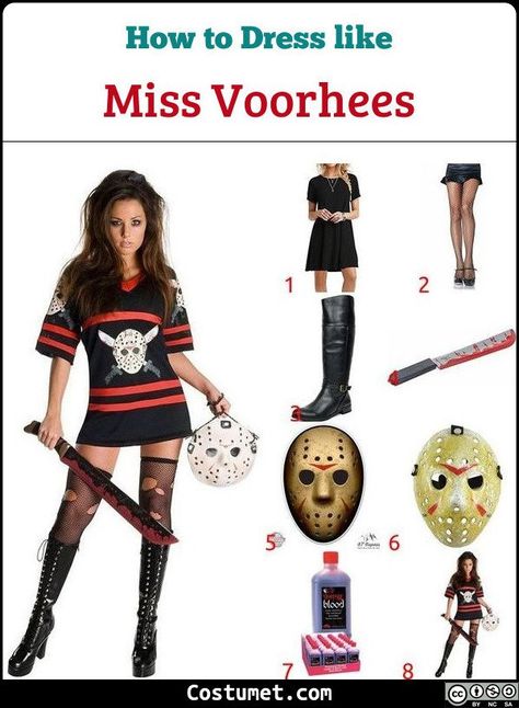 Miss Voorhees costume is a black dress with Jason's mask on it, ripped black net stockings, and long black boots.           #FridayThe13th #movies #female #scary #couple #villain #killer #Fridaythe13th Mrs Voorhees Costume, Friday 13 Costume Women, Jason Female Costume, Jason Costume Women Diy, Womens Jason Costume, Jason Voorhees Makeup Female, Jason Voorhees Costume Women, Diy Jason Costume Women, Jason Vorhees Costume Women