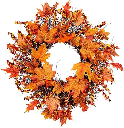 Fall Front Door Wreath - Artificial Fall Wreath - 24”Floral Wreath with Berries - Autumn Maple Leaves Wreath for Front Door Wall Window Halloween Christmas Thanksgiving Harvest Festival Decor: Amazon.ca: Home & Kitchen Thanksgiving Garland, Maple Leaf Wreath, Fall Leaf Wreaths, Harvest Wreath, Door Wreaths Fall, Artificial Wreath, Wreath Decoration, Cloth Flowers, Autumn Wreath