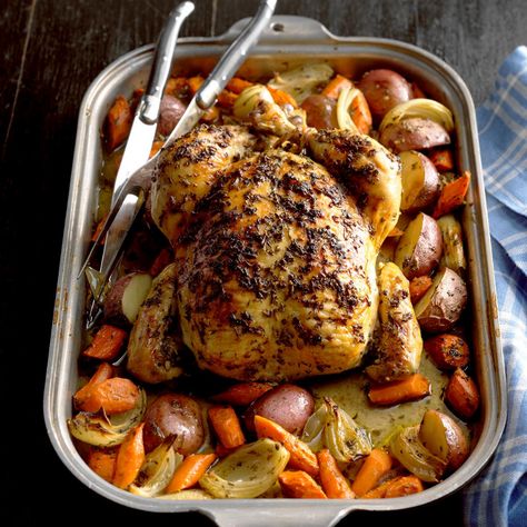 Herbs, garlic and butter give this hearty meal in one a classic flavor. It's a lot like pot roast, except it uses chicken instead of beef. —Isabel Zienkosky, Salt Lake City, Utah Rosemary Roasted Chicken, Rosemary Recipes, Spatchcock Chicken, Sheet Pan Suppers, Rosemary Chicken, Taste Of Home Recipes, Sheet Pan Meals, Turkey Dishes, Pan Dinners