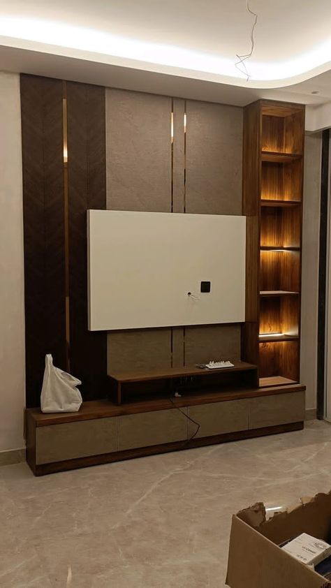 LCD screen panel designing Hall Tv Wall Design, Tv Cabinet Wall Design, Lcd Wall, Kitchen Ceiling Design, Lcd Panel Design, Modern Tv Unit Designs, Unit Interior Design, Tv Unit Interior, Wall Tv Unit