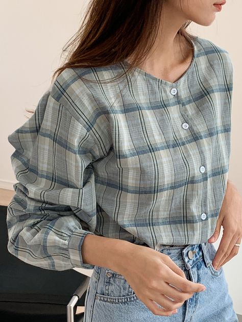 DAZY Plaid Print Button Front Blouse Gray Shirt Outfit, Check Tops, Grey Plaid, Plaid Blouse, Women Blouses, Grey Shirt, Plaid Print, Women Tops, Sleeve Cotton