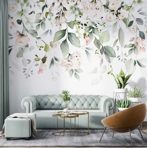 Tropical Wallpaper Green Watercolour Leaves Wall Mural Peel and Stick Living Room Bedroom Decor Trendy Wall Art Design Custom Size - Etsy Watercolour Leaves, Floral Wallpaper Bedroom, Photo Rose, Wallpaper Green, Bedroom Wall Colors, Accent Wall Bedroom, Wallpaper Accent Wall, Tropical Wallpaper, Green Watercolor