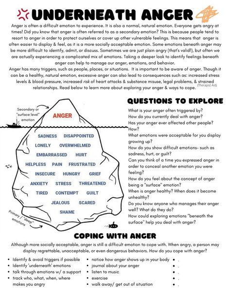 anger iceberg therapy worksheet Anger Worksheets, Adolescent Therapy, Group Therapy Activities, Anger Management Worksheets, Cbt Worksheets, Counseling Worksheets, Mental Health Activities, Clinical Social Work, Mental Health Therapy