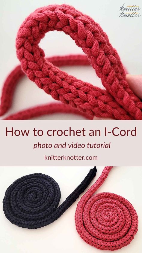 An I-Cord is a crochet or knit tube that is made up of a few stitches worked in a continuous round. Crocheting an I-Cord is very easy and can be used for a variety of purposes. It is also possible to vary the number of stitches to adjust the thickness of the cord. This tutorial contains a photo tutorial for crocheting a 3 stitch I-Cord. It also includes a video tutorial for crocheting a 3 stitch and a 4 stitch I-Cord. Stash Busting Crochet, Crochet Patterns Shawl, Crochet Cords, Crochet I Cord, Crochet Belt, Beginner Friendly Crochet, Crochet Eyes, Crochet Cord, Crochet Chain