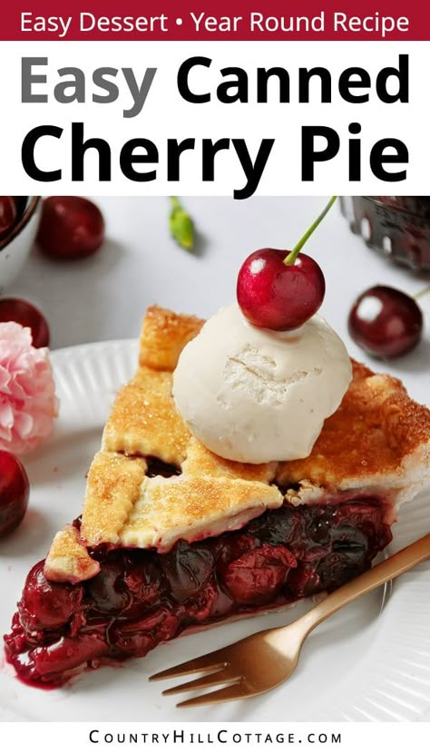 Spring, summer, fall – It's always time for canned cherry pie! The easy homemade cherry pie recipe is made with canned cherries and a beautiful lattice crust. Topped with ice cream or whipped cream, this rich, fruity pie is a hit! No need to wait for cherry season when you can bake the best canned cherry pie recipe! There is nothing like homemade cherry pie with a buttery, flaky pie crust and a gooey filling. It's not too sweet, and the cherries are tender and juicy. | CountryHillCottage.com Berry Pie Filling Recipe, Canned Cherry Pie Recipe, Vegan Cherry Pie Recipe, Cherry Pie Filling Recipes Easy, Best Cherry Pie Recipe, Canned Cherry Pie, Cherry Crisp Recipe, Berry Pie Filling, Homemade Cherry Pie