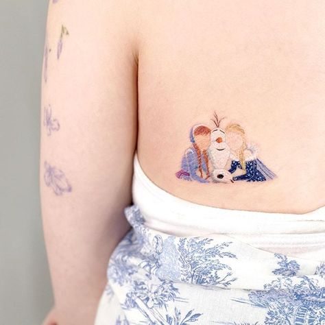 Anna, Elsa, and Olaf Disney Princess Tattoo Ideas, Princess Tattoo Ideas, Tiny Disney Tattoo, Frozen Tattoo, Princess Tattoos, Disney Sleeve Tattoos, Elsa And Olaf, Disney Minimalist, Snow Flake Tattoo