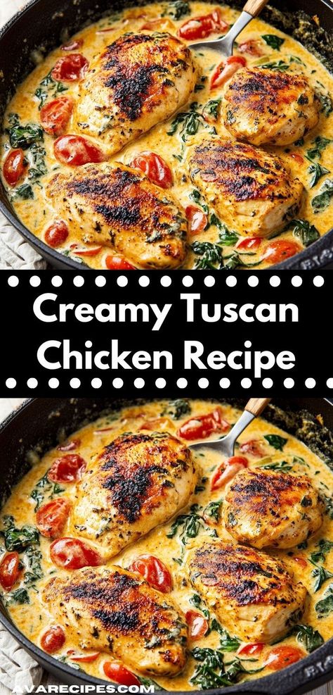 Need a simple yet delectable meal? Try the Creamy Tuscan Chicken Recipe, an easy dinner idea that brings a taste of Italy to your kitchen. It's a family-friendly dish that guarantees smiles all around. Tuscan Chicken Skillet, Creamy Tuscan Chicken Recipe, Tuscan Chicken Recipe, Chicken With Spinach, Creamy Tuscan Chicken, Sun Dried Tomato Sauce, Tuscan Chicken Pasta, Chicken Casserole Recipes, Chicken Dinner Ideas