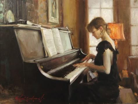 Oil painting by Glenn Harrington Oil Painting Basics, Oil Painting App, Piano Girl, Emily Elizabeth, Oil Painting Woman, Piano Art, Playing The Piano, Oil Painting Techniques, Music And Art