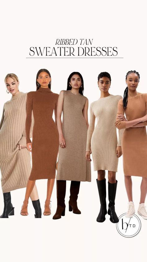 Tan Dress Outfit Fall, Tan Sweater Dress Outfit, Beige Sweater Dress Outfit, Tan Dress Outfit, Khaki Dress Outfit, Sweater Dresses For Fall, Tan Sweater Dress, Beige Sweater Dress, Dresses For Fall