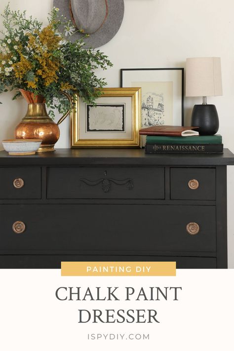 How to transform a dresser! I have used Chalk Paint a few times, but when I saw Rust-Oleum had a Milk Paint, I wanted to try them both out to see the difference. I thought some of you may have the same question, so let’s break it down! Annie Sloan Black Chalk Paint, Painting Dresser Black, Black Chalk Paint Furniture Diy, Chalk Paint Dresser Diy, Black Paint For Furniture, Black Painted Dresser, Black Chalk Paint Furniture, Black Painted Dressers, Paint Dresser Diy