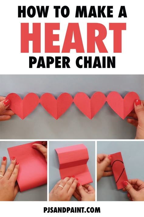 Heart Chain Paper, How To Make Paper Chains, Heart Paper Chain, Heart Chain Craft, Paper Chain Decorations, Church Valentines Crafts, Classroom Door Designs, Paper Heart Chain, Sabbath Activities