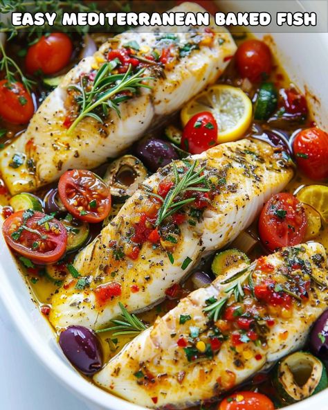 Fish Recipes Italian, Easy Mediterranean Baked Fish, Mediterranean Baked Fish Recipe With Tomatoes And Capers, Mediterranean Fish Recipes Tilapia, Clean Eating Pescatarian Recipes, Fish Fillet Dinner Ideas, Fish Mediterranean Recipes, Mediterranean Fish Dishes, Summer Fish Dinner