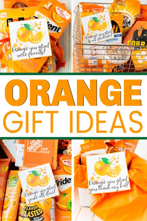 These orange you glad printable gift tags are so cute! Add them to some of the orange gift ideas for one of the best DIY thank you or holiday gift idea ever! Perfect for neighbor gifts, teacher gifts, or even a birthday gift for a friend! Orange You Glad Basket, Color Theme Party Basket Orange, Everything Orange Gift Basket, Orange Teacher Appreciation Gift Ideas, Orange You Glad It’s Friday, September Gifts For Coworkers, Orange Teacher Gift, Orange You Glad It’s Fall, Orange Themed Gifts