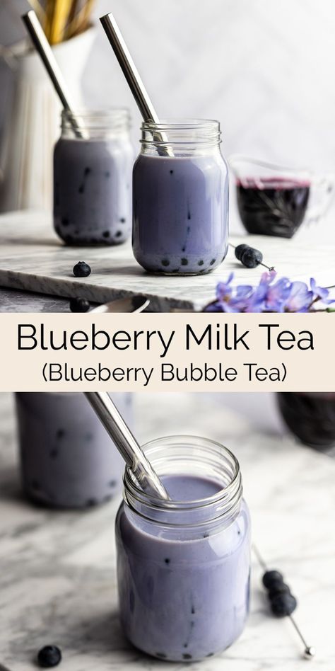 This tasty blueberry milk tea is the easiest blueberry bubble tea recipe. Made with blueberry simple syrup from real blueberries, green tea and milk. Then served over ice with boba pearls. Milk Bubble Tea Recipe, Blueberry Green Tea Recipes, Healthy Milk Tea Recipe, Vegan Milk Tea, Blueberry Milk Tea, Blueberry Recipes Drinks, Fruity Boba Tea Recipe, Boba Without Tea, Healthy Bubble Tea