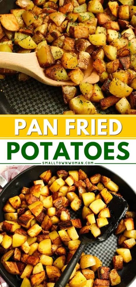 Try this easy side dish recipe! There's no precooking or parboiling required in these crispy Pan Fried Potatoes. With just the right amount and balance of herbs and spices, this potato idea for dinner will become one of your favorites! Fried Shredded Potatoes, Crispy Fried Potatoes, Pan Roasted Potatoes, Fried Potatoes And Onions, Potato Side Dish Recipes, New Meals To Try, Squash Gnocchi, Idea For Dinner, Pan Fried Potatoes