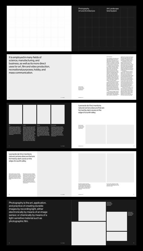 Grid system and sample spreads for A4 landscape brochure Profile Book Design, Book Page Design Ideas, Document Layout Design Creative, Style Sheet Graphic Design, Context Page Design, Landscape Page Layout Design, Design Research Portfolio, Design Brief Layout, Research Portfolio Layout