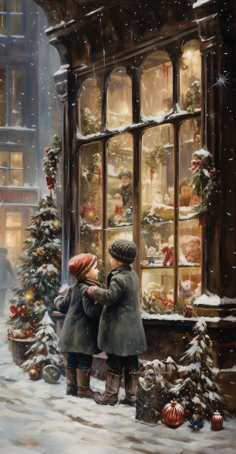 Winter Christmas Scenes, Beautiful Christmas Scenes, Merry Christmas Pictures, Christmas Scenery, Christmas Artwork, Vintage Christmas Images, Store Window, Animated Christmas, Old Fashioned Christmas