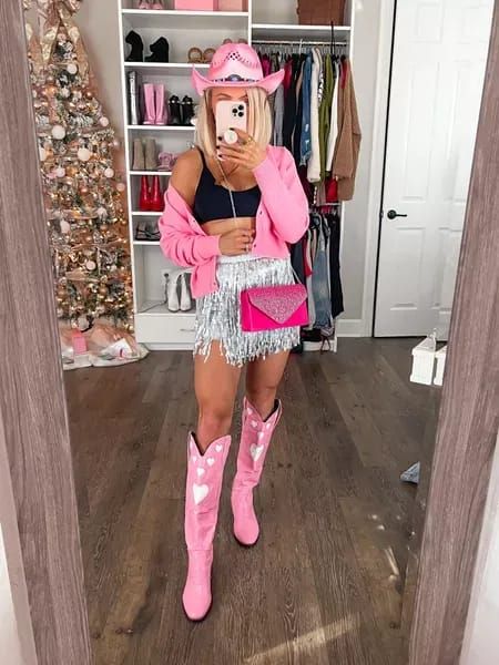 Neon Cowgirl Party Outfit, Nashville Outfits Pink Boots, Glam Cowgirl Outfit Pink, Pink Stagecoach Outfit, Disco Cowgirl Bachelorette Outfit Pink, Pink Cowgirl Concert Outfit, Dolly Parton Outfit Inspiration, Disco Cowgirl Outfit Pink, Neon Western Outfit