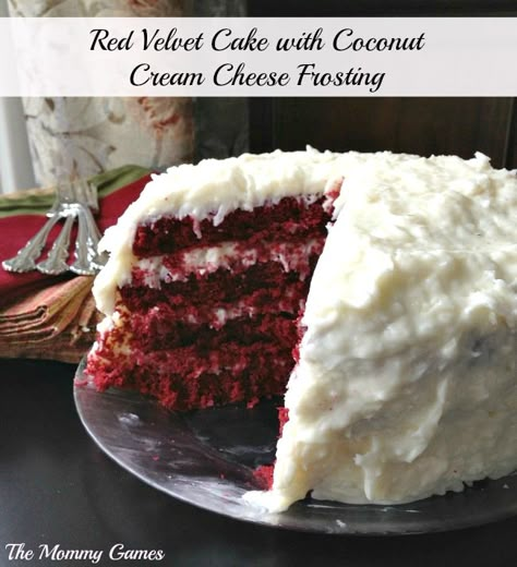 Red Velvet Cake with Coconut Cream Cheese Frosting via The Mommy Games. Insanely delicious! Coconut Cream Cheese, Coconut Cream Cheese Frosting, Planet Cake, Whipped Cream Cheese Frosting, Cake With Coconut, Velvet Cake Recipes, Coconut Frosting, Sweets Cake, Cake With Cream Cheese