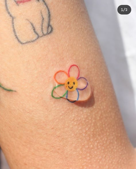 Small Gay Tattoo, Small Tattoo Color, Small Color Tattoos For Women, Mini Rainbow Tattoo, Minimalist Colored Tattoo, Small Coloured Tattoos, Gay Tattoo For Women, Small Colored Tattoos, Cute Color Tattoos