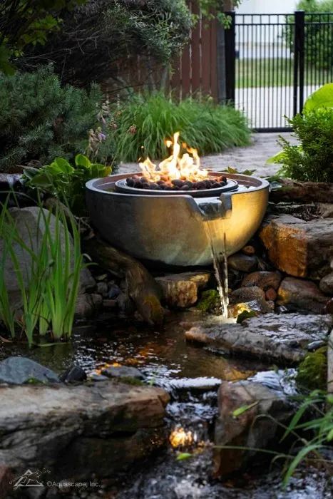 Planning Your Pond Renovation for Next Year - Aquascape, Inc. Fountain In Landscape, Diy Fire And Water Feature Outdoor, Fire And Water Fountain, Water And Fire Feature, Fire Fountain, Water Feature Ideas, Diy Water Feature, Garden Water Features, Outdoor Water Feature