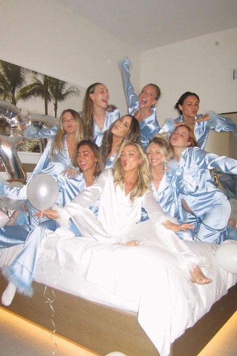 how cute are our matching bachelorette party pajamas!! my ltk is full of bridal shower dresses, engagement photoshoot dresses, and rehearsal dinner dresses options! If you need a bridal shower dress or a bachelorette party dress, tap to shop my bridal looks! My Bachelorette Party, Bachelorette Party Loungewear, Bachelorette Pajamas Party, White And Blue Bachelorette Party Outfit, Bachelorette Party Matching Pjs, Bridal Shower Pajamas, Bride Pjs Bridal Parties, Bach Pajama Party, Bachelorette Party Pajama Party