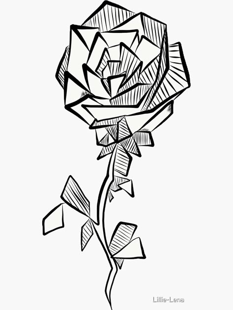 "Geometric Rose" Sticker by Lillie-Lena | love has its edges but is still beautiful Geometric Flower Drawing, Geometric Rose Drawing, Rose And Geometric Tattoo, Flowers With Geometric Shapes Tattoo, Rose Flower Line Art, Geometric Rose Tattoo, Rose Tattoo Meaning, Rose Sticker, Rosé Black And White