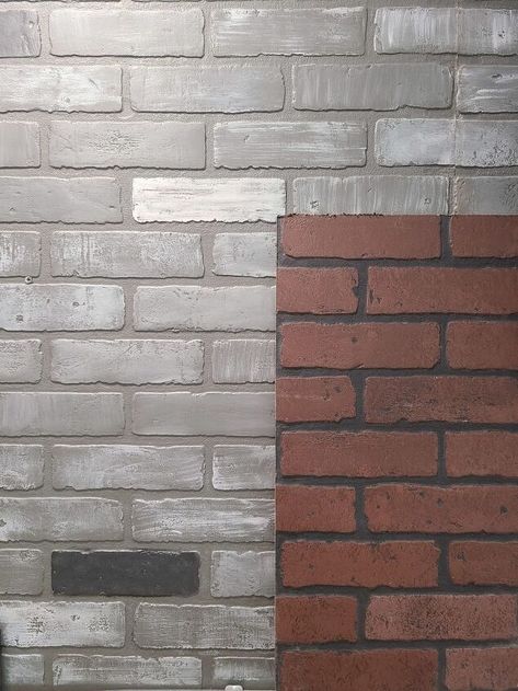 How to Make Faux Brick Panels Look Custom | Hometalk Painting Faux Brick Panels, Faux Brick For Fireplace, How To Paint Brick Wall, Paint Faux Brick Wall, Painted Faux Brick Wall, Two Story Fireplace, Faux Brick Wall Panels, Faux Brick Wall, Fireplace Diy