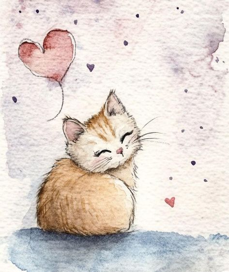 Simple Drawing Ideas Watercolor, Cat Sketches Aesthetic, Whimsical Cat Drawings, Whimsical Cat Watercolor, Watercolor Art Cards Ideas, Water Colour Painting Aesthetic Easy, Cat Watercolor Illustration, Simple Aquarelle Painting, Water Colour Ideas Easy