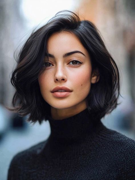 Stylish and Manageable Bob Haircuts for Thick Hair Modern Bob Haircut Thick Hair, Bob Balayage Brunette Dark, Bob For Coarse Thick Hair, Short Bob Volume Hair, Mid Bobs For Fine Hair, Bobs For Short Necks, Sleek Black Bob, Bob Haircuts For Women Brunette, Bobs Haircuts For Thick Hair