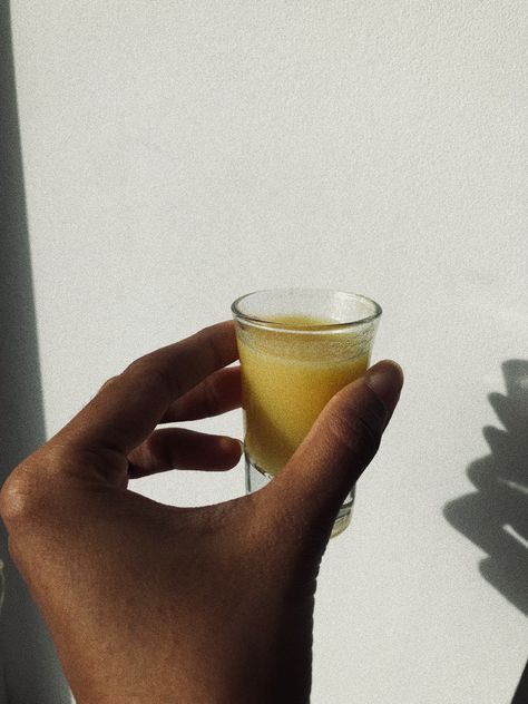 Juice Shots Aesthetic, Ginger Shot Aesthetic, Wellness Shots Aesthetic, Ginger Shots Aesthetic, Morning Shots Healthy, Ginger Moodboard, Energized Aesthetic, Healthy Drinks Aesthetic, Juicing Aesthetic