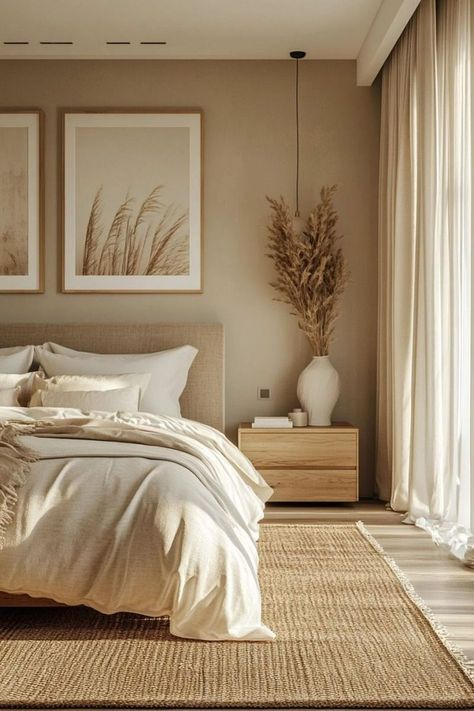 Neutral Aesthetic Room Decor, Warmth Interior Design, Bedroom Design Long Room, Neutral House Interior Design, Beige Wall Room Aesthetic, Room Decor Simple Ideas, Room Ideas Bedroom Aesthetic Beige, Simple Bed Decor, Soft House Decor