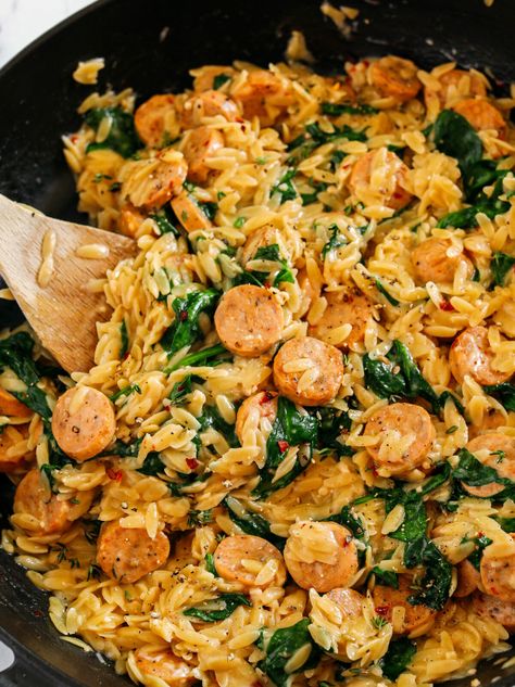 This Creamy Chicken Sausage Orzo Skillet is the perfect weeknight dinner that is easily made all in one pan in just 20 minutes! Orzo With Sausage Recipes, Meal Prep With Sausage, Creamy Chicken Sausage Orzo Skillet, Chicken Apple Sausage Orzo Recipes, Cheddar Chicken Sausage Recipes, Kelsey Nixon Recipes, Orzo And Chicken Sausage Recipes, Simple Healthy Dinners Families, Macro Friendly Winter Recipes