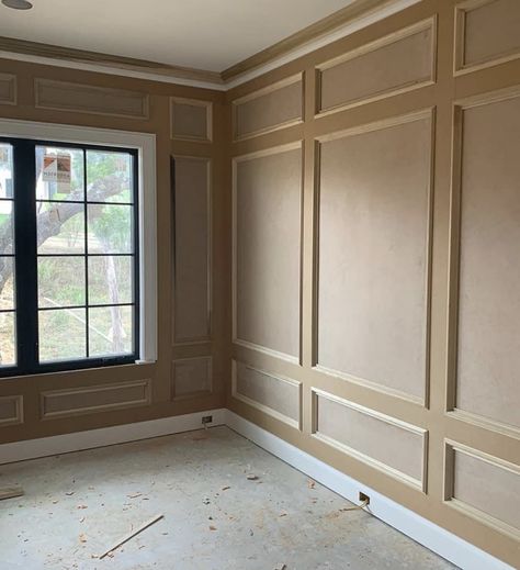 Colonial Paneled Walls, Wood Panelling Around Windows, Panelled Walls Around Window, English Wood Paneling, Different Types Of Panelling, Panelled Entryway, Colonial Paneling, Office Wainscoting Ideas, Wall Moulding Bedroom