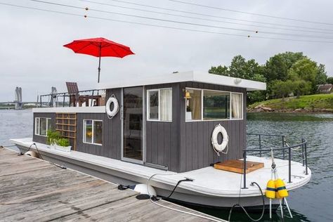 Midcentury Modern Houseboat Modern Home in Badger's Island, Kittery,… on Dwell Tiny Houseboat, Houseboat Exterior, Modern Boathouse, Small Houseboat Interiors, Pontoon Houseboat Diy, Boat House Interior Boathouse, Houseboat, Dutch Barge Houseboats, Floating Homes Houseboats