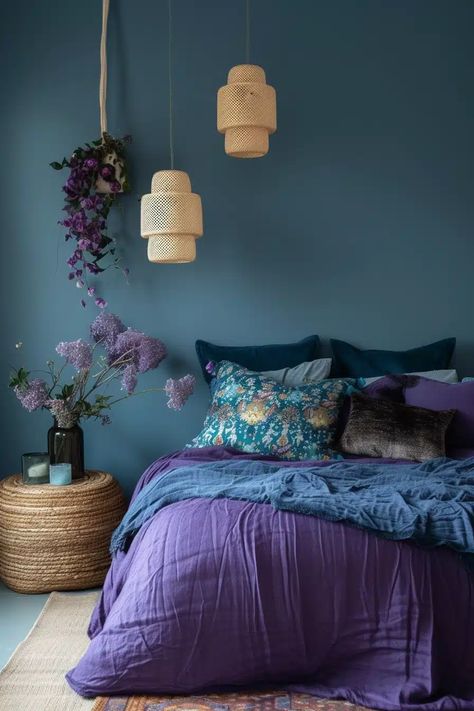 25 Chic Blue and Purple Bedroom Ideas for a Unique Sleep Space - Roomy Retreat Teal Bedroom Paint, Blue And Purple Bedroom, Purple Bedroom Walls, Maroon Bedroom, Teal Bedroom Ideas, Lavender Bedroom, Purple Bedroom Decor, Teal Bedroom, Purple Bedrooms