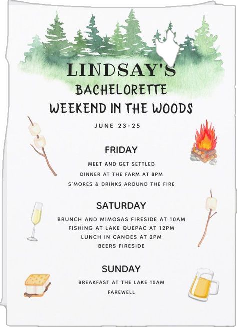 Bachelorette Weekend in the Woods Itinerary Invitation | #bachelorette #weekend #party #itinerary #details #lastflingbeforethering #timeline #woods #cabin #camping Bachelorette Party Themes Cabin, Vermont Bachelorette Party, Bachelorette Cabin Weekend, Cabin Bachelorette Party, Cabin Bachelorette, Woods Cabin, Itinerary Invitation, Cabin Weekend, Party Itinerary