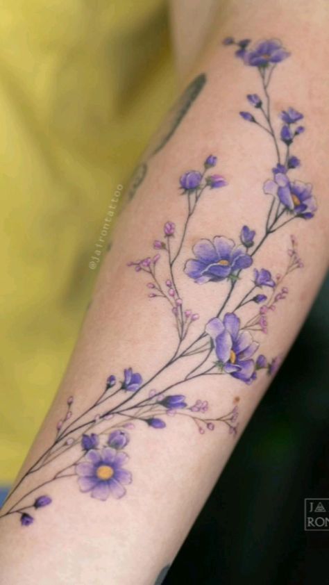 Larkspur Flower Tattoo Color, Larkspur Flower Tattoo With Butterfly, Delphinium And Water Lily Tattoo, Delphinium Flower Tattoo, Larkspur Flower Tattoo Watercolor, Purple Flower Arm Tattoo, Vintage Floral Tattoos, Flower Side Tattoo, Sarah Tattoo