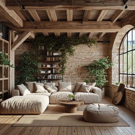 Earthy Scandinavian Living Room, Industrial Living Room With Plants, Cozy Urban Living Room, Boho Flat Decor, Stone House Living Room, Japandi Meditation Room, Earthy Decor Living Room, Living Room Earthy, Earthy Modern Living Room