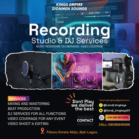 Banner Design Studio Recording and Dj services Music Banner Design, Dj Banner, Dj Flyer Design, Vocal Recording Studio, Dj Poster, Advert Design, Dj Flyer, Studio Marketing, Concert Poster Design