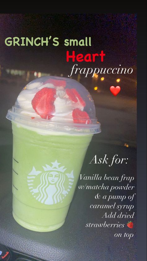 Green Grinch’s small heart Frappuccino from Starbucks Good Christmas Drinks From Starbucks, Shrek Starbucks Drink, Starbucks Holiday Frappuccino, Spider Man Starbucks Drink, Longest Starbucks Order, Fun Starbucks Orders, Best Starbucks Christmas Drinks, Pretty Starbucks Drinks Recipes, Grinch Frappachino Starbucks