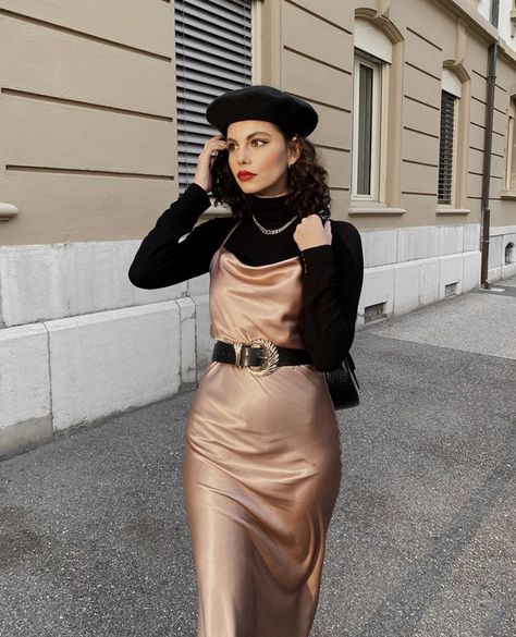 Turtle Neck Under Dress, Slip Dress Outfit Winter, Gold Slip Dress, Silk Dresses Outfit, Slip Dress Outfit, Winter Styling, Winter Dress Outfits, Europe Fashion, Silky Dress