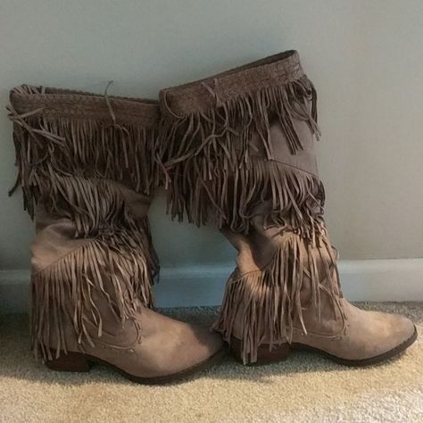 Faux Suede Fringed Knee Boots...New, Never Worn Fringed Boots, Cute Cowgirl Boots, Suede Fringe Boots, Hippie Aesthetic, The Dark Artifices, Fringe Boots, Dress Up Dolls, Swag Shoes, Suede Fringe