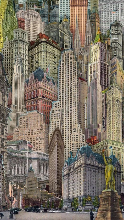 Vintage City Illustration, Vintage New York Wallpaper, Nyc Collage Aesthetic, New York Buildings Aesthetic, New York Aesthetic Collage, Nyc Lockscreen, Old New York Aesthetic, Vintage New York Aesthetic, Vintage Travel Aesthetic