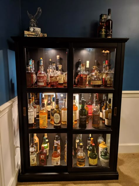 Whiskey Cabinet Build (Not from Scratch) - scotchy scotch scotch post - Imgur Whiskey Cabinet Ideas Modern, Bourbon Display Cabinet, Whisky Display Ideas, Diy Whiskey Cabinet, Whisky Cabinet, Bourbon Cabinet Ideas, Whisky Bar Home, Bourbon Cabinet, Whiskey Cabinet Ideas