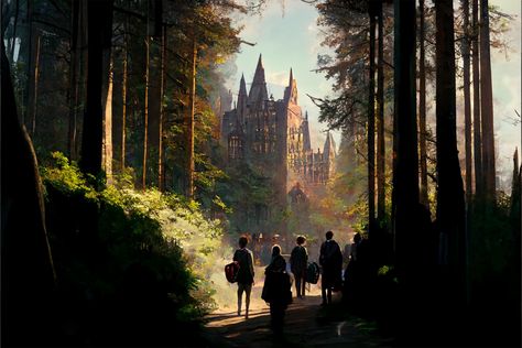 Students Entering Hogwarts Painting Illustration Wall Art Printable #etsy #illustration #hogwarts Hogwarts Landscape Wallpaper, Hogwarts Legacy Artwork, Hogwarts Concept Art, Hogwarts Life Aesthetic, Hogwarts Student Art, Harry Potter Film Poster, Hogwarts Asthetics, Hogwarts Study Aesthetic, Hogwarts Student Aesthetic