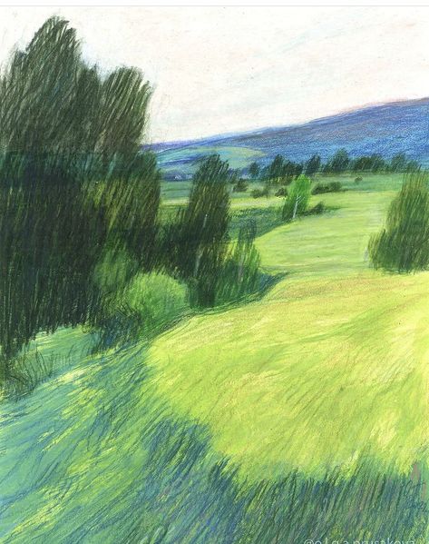 Green Landscape Drawing, Colored Pencil Landscape Sketch, Pencil Color Landscape, Green Things To Draw, Color Pencil Art Landscape, Colouring Pencil Art, Color Pencil Landscape, Landscape Colored Pencil, Pencil Landscape Drawings