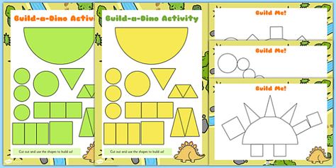 Build a Shape Dinosaur Activity Build A Dinosaur, Dinosaur Crafts Preschool, Dinosaur Outline, Dinosaur Activity, Dinosaurs Preschool, Dinosaur Balloons, Dinosaur Activities, Bone Crafts, Learning Shapes